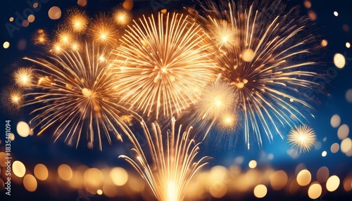 golden fireworks exploding in a dark blue night sky with celebratory bokeh lights shining and sparkling beautifully