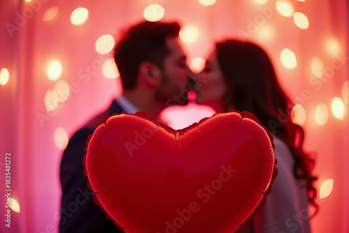 Couple Kissing Behind Balloon. Romantic Heart Balloon Moment. Soft Valentine Closeup.