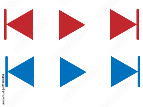 Red and blue rewind play and fast forward icons arranged in two rows on a white background