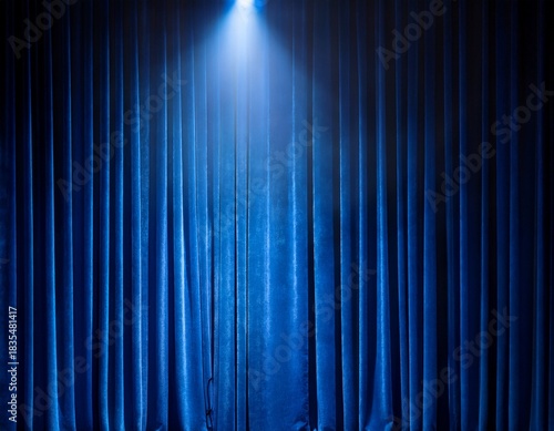 dark stage with dramatic blue curtain and spotlight