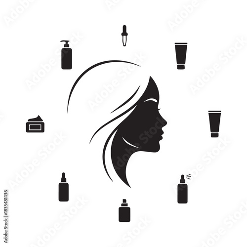 Silhouette of a woman s face surrounded by various cosmetic product bottles and tubes