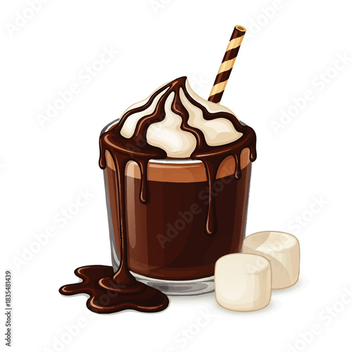 Indulgent and comforting hot cocoa illustration featuring a generous dollop of whipped cream, flowing chocolate drizzle, and soft white marshmallows, perfect for a cozy treat