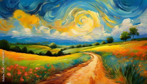 colorful impressionist landscape painting with swirling sky and countryside path