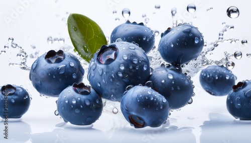 fresh blueberries in mid air scattered against a white background water droplets cling to their surfaces
