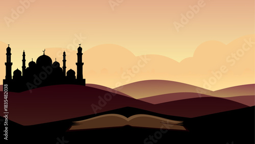 Mosque silhouette and open book against desert sunset