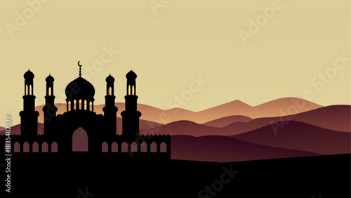 Silhouette of a mosque against a gradient mountain landscape