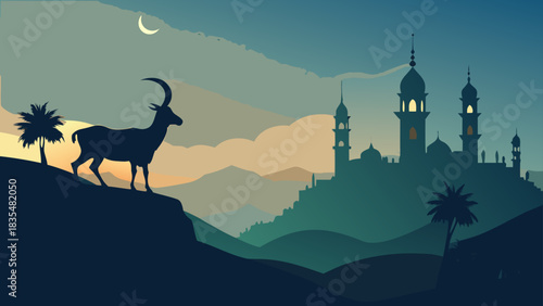 Silhouette of a ibex on a cliff overlooking a mosque at dusk
