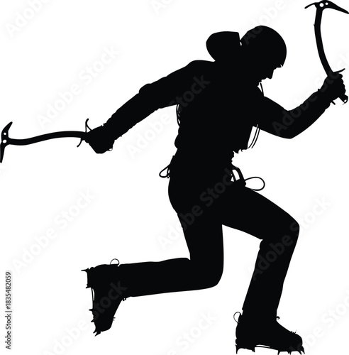 Ice climber silhouette, dual axe action, mountaineering gear, winter sport, crampons, adventure pose, black and white, outdoor challenge