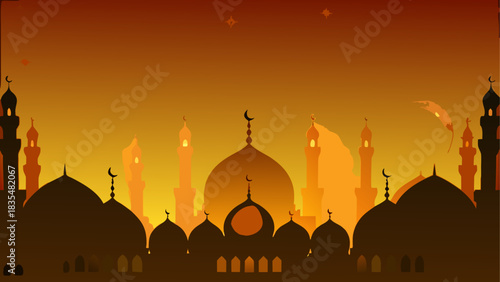 Silhouette of mosques against a warm sunset sky