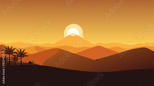 Desert sunset with camel and palm trees