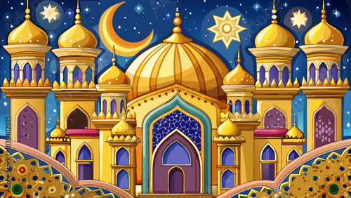 Ornate golden mosque under a starry night sky with crescent moon