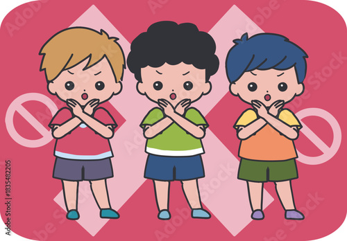 Boys Refusing Gesture Cartoon with Big Nope Sign. Great for education materials, behavior signs, safety posters, communication graphics, and character themed designs.