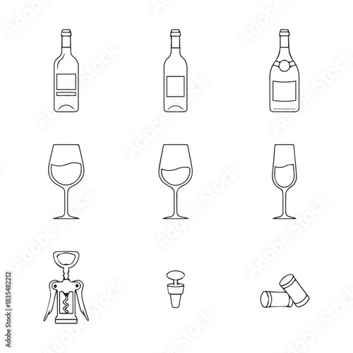 Collection of hand drawn line art icons representing wine bottles glasses corkscrew and bottle opener