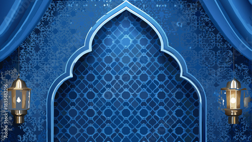 Traditional islamic archway with lanterns and blue patterned background
