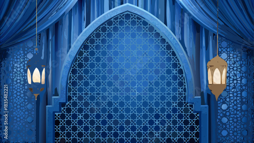 Ornate blue islamic archway with hanging lanterns and geometric patterns