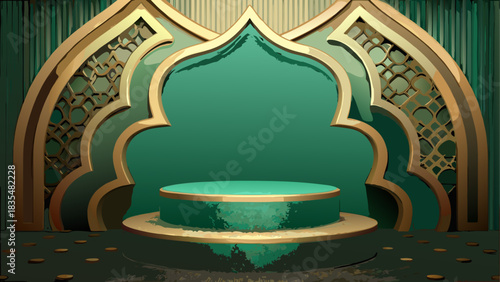 Elegant islamic stage with golden accents and teal podium
