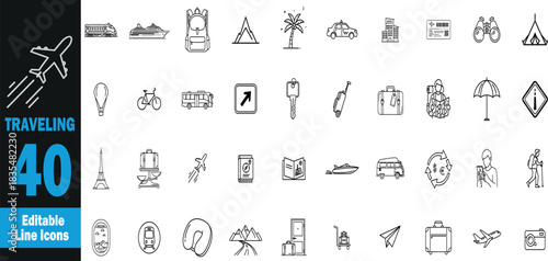 "TRAVELING" icon set . Including Suitcase Icon, Airplane Icon, Passport Icon, Globe Icon, Hotel Icon, Taxi Icon, Camera Icon, Map Pin Icon, Backpack Icon, Train Icon