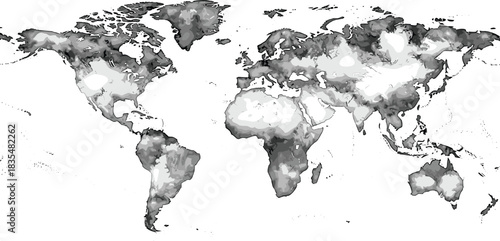 Grayscale world map with topographic shading representing elevation and terrain globe earth