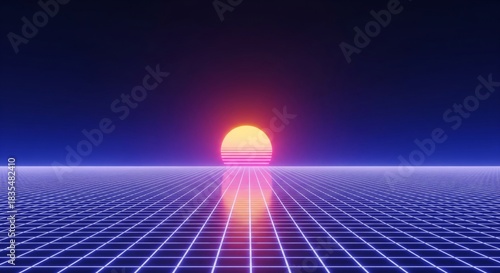 Futuristic Retrowave Digital Landscape Grid Background. abstract landscape of a glowing neon purple and blue grid floor extending to digital horizon line. retro-futuristic sun glow is on the horizon. 