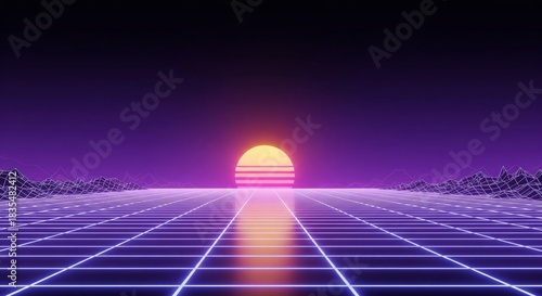 Futuristic Retrowave Digital Landscape Grid Background. abstract landscape of a glowing neon purple and blue grid floor extending to digital horizon line. retro-futuristic sun glow is on the horizon. 
