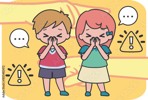 Scared Children Body Language with Danger Signs. Perfect for educational materials, safety awareness posters, bullying prevention content, emotional expression graphics, and child communication.