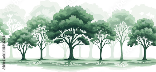 Horizontal Banner of Green Trees with Visible Roots and Shadows on White Background Keywords: trees, forest, nature, green