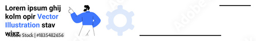Workflow optimization, business strategy, innovation, process management, teamwork, technology adoption. Person pointing with gear icon. Workflow optimization and business strategy concepts