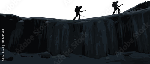 Ice climbing silhouette, two climbers, glacier edge, mountaineering, extreme adventure, frozen terrain, backpack, ice axe, winter sport, danger