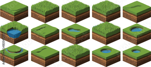 Isometric 3D game tiles of grass, soil, and water elements vector illustration