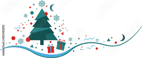 Whimsical christmas tree adorned with festive ornaments and presents nestled on a snowy landscape with swirling decorative elements and a crescent moon