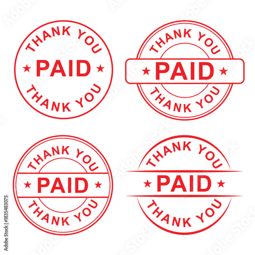 Red “PAID” Stamp Labels Set – Round and Rectangular Payment Confirmation Rubber Stamp Designs for Invoices, Billing, Office Use