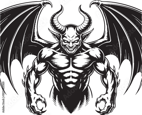 A powerful, muscular demon with sharp horns and large, leathery bat wings stands ready for battle, its face contorted in a menacing grin.