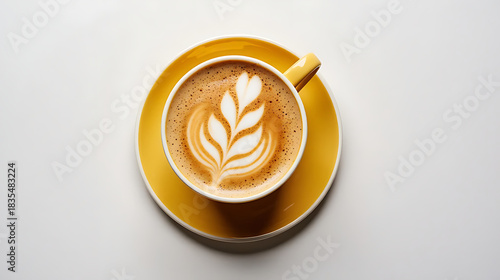 Hot latte with leaf-shaped latte art in yellow ceramic cup and saucer, isolated on white background top view