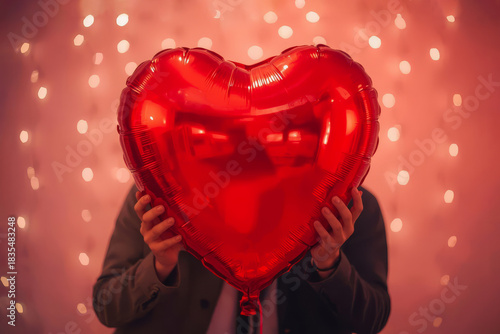Man Behind Heart Balloon. Romantic Valentine Closeup. Playful Love Balloon Scene.