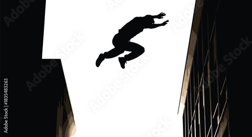 Jumping silhouette, urban leap, building gap, parkour action, dramatic pose, cityscape contrast, bladventure, high risk, action vector, person mid-air, 