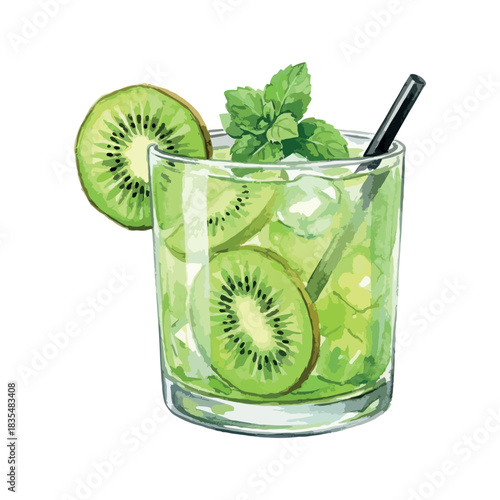 Kiwi mojito with fresh mint - vector watercolor cocktail illustration