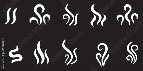 Smoke steam icon vector logo set. Smoke smell, steam aroma heat icon illustration. Hot vapor fire doodle line logo. Hit stink, coffee, fragrance flame .