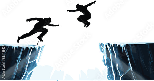 Leaping silhouette duo, icy cliff jump, adventure action, dramatic pose, black and white, danger concept, extreme terrain, motion capture
