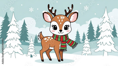 Cute cartoon deer wearing a festive red and green striped scarf stands in a snowy winter forest with snow falling and stylized pine trees