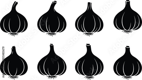 Black Garlic Bulb Silhouette Set, Spice Vegetable Collection with Roots, Whole Head Isolated on White Background, Cooking Ingredient, Kitchen Herb Food Flat Vector Illustration