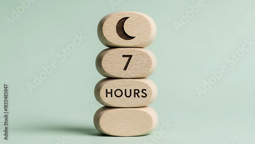 A stack of four wooden blocks with a moon symbol, the number 7, and the word HOURS, representing the concept of sleep duration.