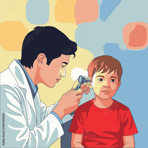 A caring male doctor uses an otoscope to perform a routine ear examination on a young boy, ensuring his auditory health in a medical setting.