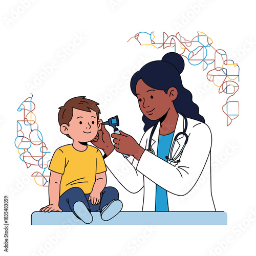 A kind doctor examines a young boy's ear with an otoscope, representing a pediatric medical check-up and healthcare.