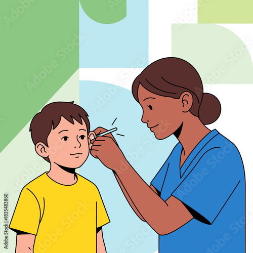 A kind nurse examines a young boy's ear with a medical instrument, illustrating a healthcare checkup.