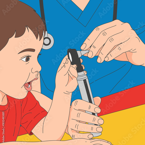 A medical professional examines a young boy's ear with an otoscope, ensuring his health and well-being during a checkup.