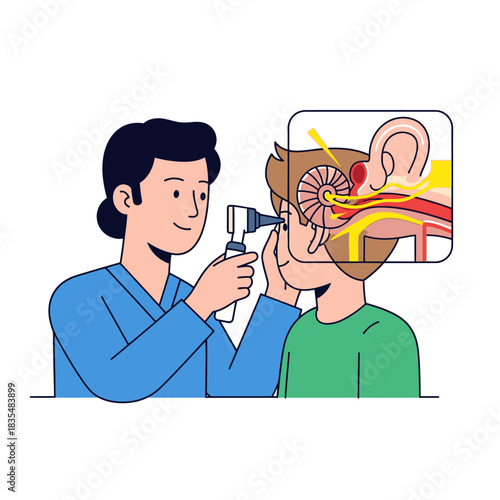 Doctor examines patient's ear with otoscope, illustrating inner ear anatomy and hearing function in a medical check-up.