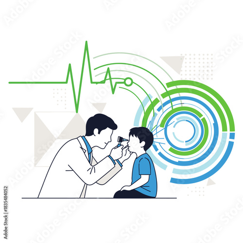 A doctor is examining a young boy's ear with an otoscope, surrounded by abstract medical graphics, suggesting healthcare and pediatric medicine in a modern style.