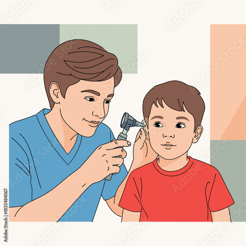 A caring doctor is examining a young boy's ear with an otoscope in a medical clinic, ensuring his health and well-being with a gentle approach and focus.