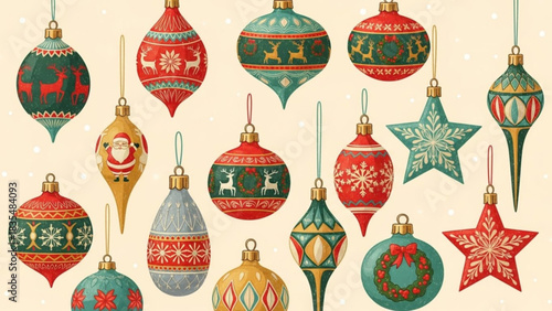 A festive collection of vintage inspired christmas ornaments in various shapes and sizes with traditional holiday motifs like reindeer santa claus snowflakes and wreaths