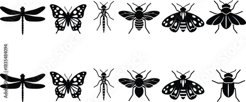 Black Insect Silhouette Collection, Dragonfly, Butterfly, Bee, and Beetle Set, Summer Nature Bug Group Isolated on White Background, Entomology Wildlife Flat Vector Illustration